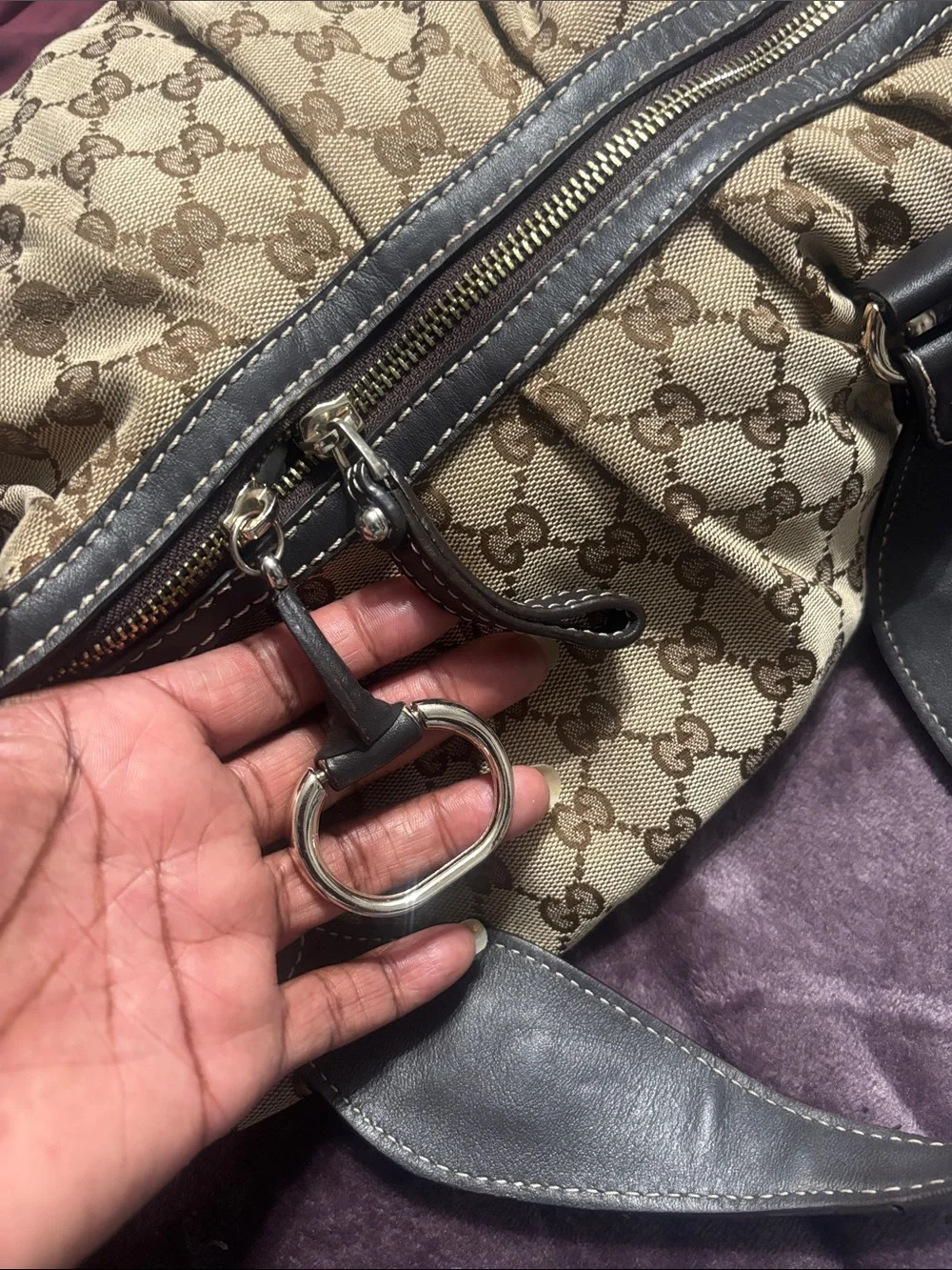 Gucci Beige/Brown Sukey GG Monogram Shoulder Bag with long detachable strap.